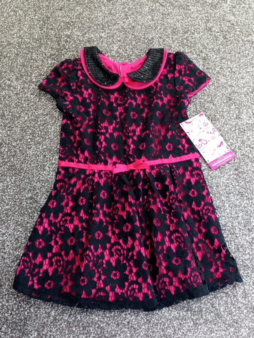 Girls Pink and Black Lace Party Dress with Peter Pan Collar by